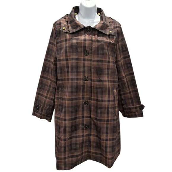 FELLER Seattle Raincoat‎ Brown Plaid Hooded Jacket Women’s L – Rare Print - Picture 1 of 11